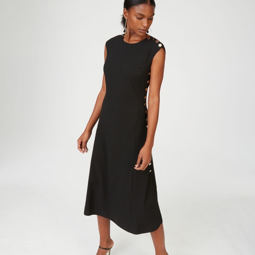 Club Monaco Black Midi Dress with Side Button Detail